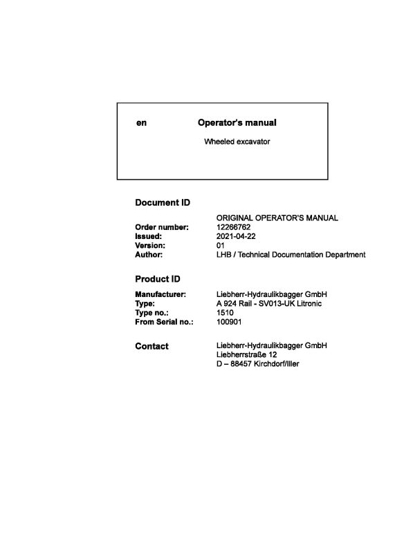 Liebherr Wheeled Excavator A924 Rail SV013UK Litronic Operator Manual 12266762 2021 1