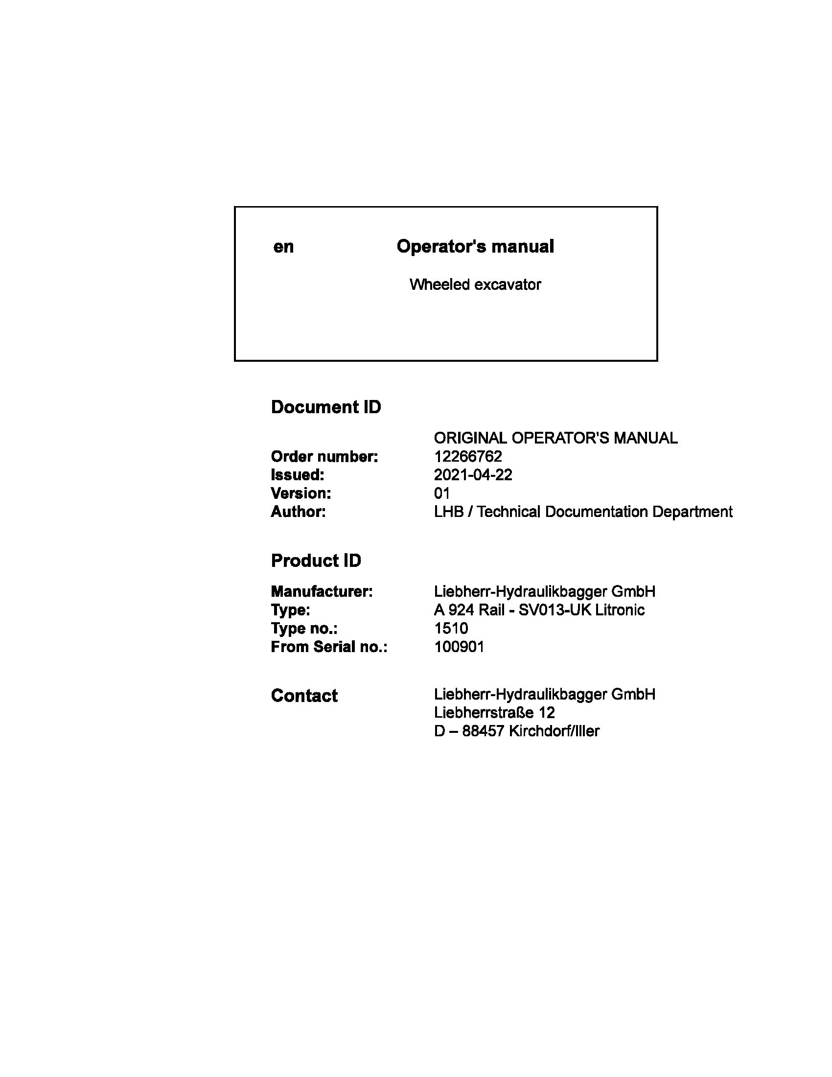 Liebherr Wheeled Excavator A924 Rail SV013UK Litronic Operator Manual 12266762 2021 1