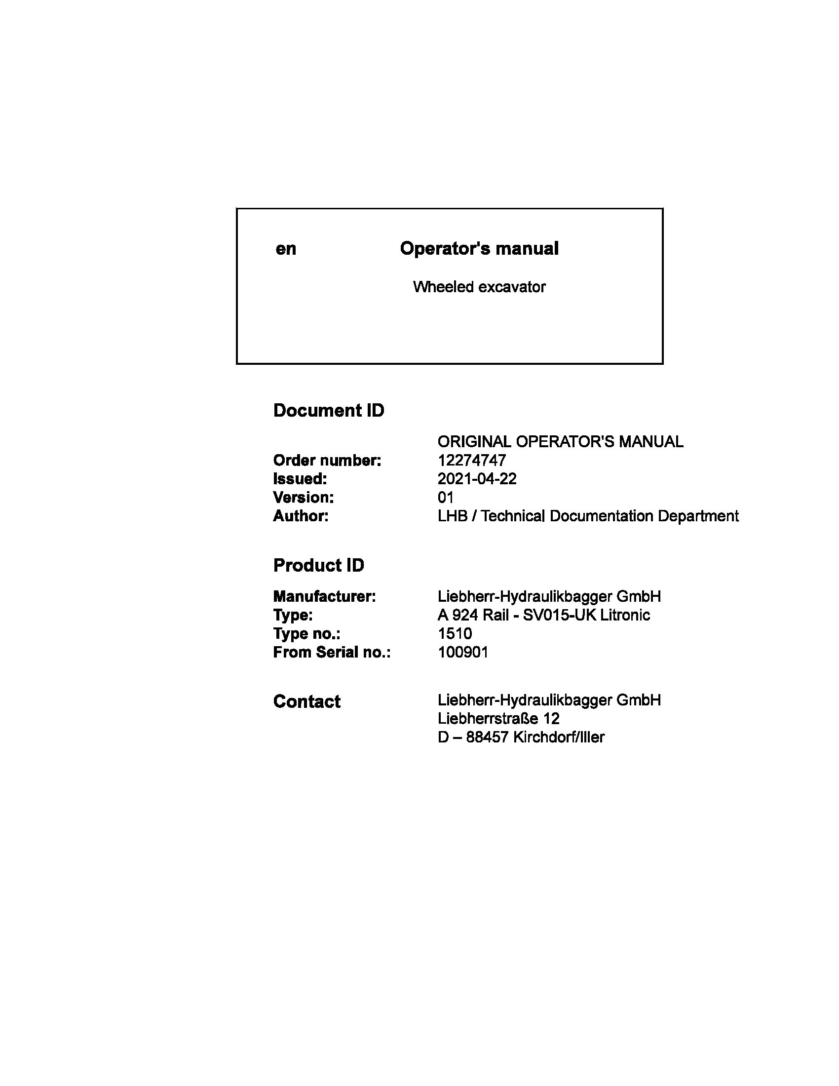 Liebherr Wheeled Excavator A924 Rail SV015UK Litronic Operator Manual 12274747 2021 1