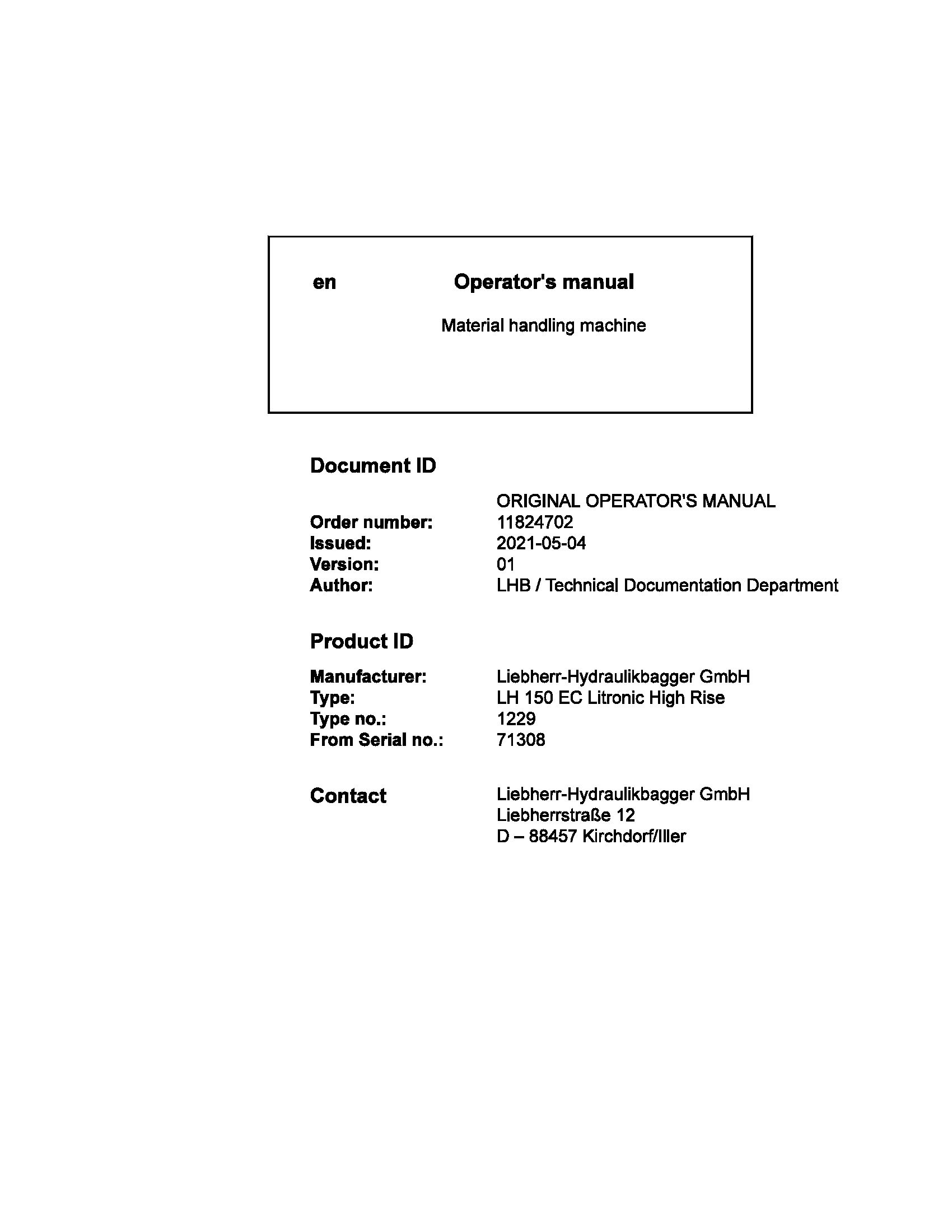 Liebherr Wheeled Excavator LH150EC Litronic High Rise Operator Manual 11824702 2021 1