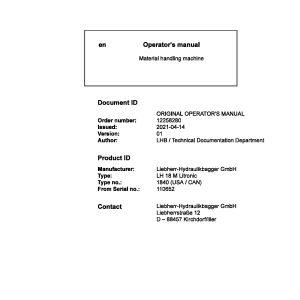 Liebherr Wheeled Excavator LH18M Litronic Operator Manual 12258280 2021 1