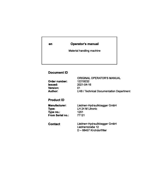 Liebherr Wheeled Excavator LH24M Litronic Operator Manual 12219232 2021 1