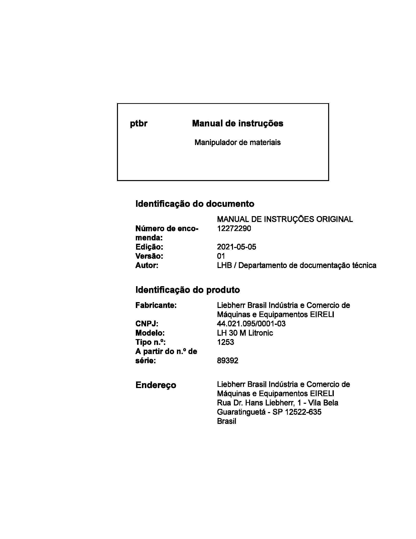 Liebherr Wheeled Excavator LH30M Litronic Operator Manual 12272290 2021 PT 1