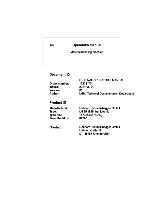 Liebherr Wheeled Excavator LH35M Timber Litronic Operator Manual 12221170 2021 1