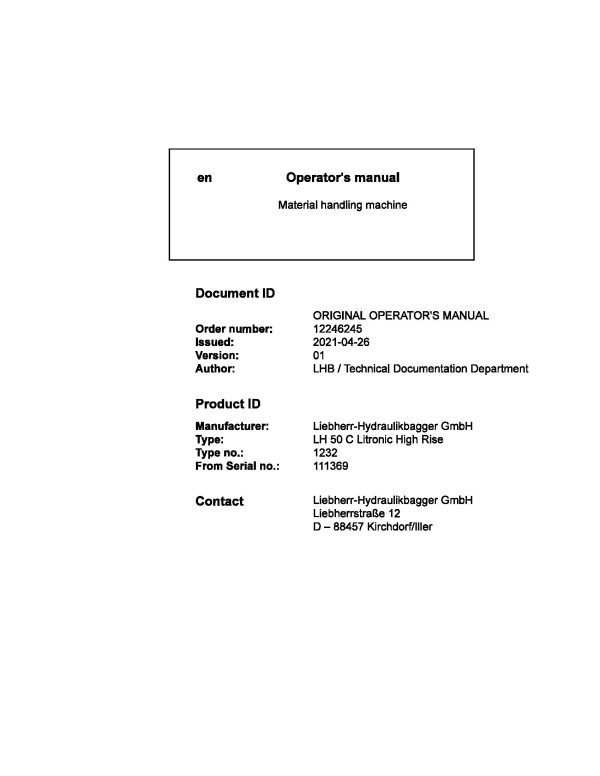 Liebherr Wheeled Excavator LH50C Litronic High Rise Operator Manual 12246245 2021 1