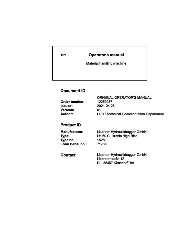 Liebherr Wheeled Excavator LH60C Litronic High Rise Operator Manual 12259237 2021 1