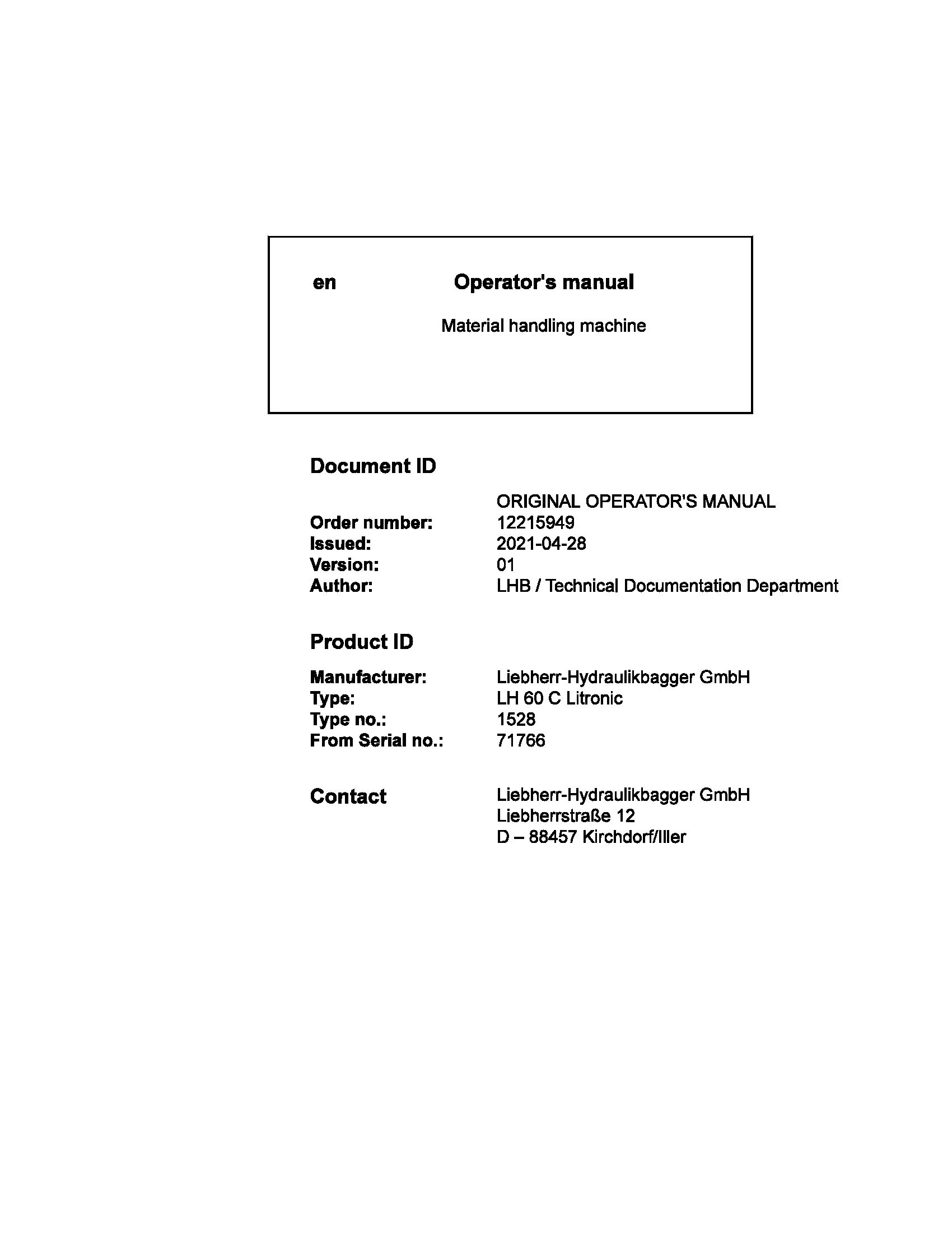 Liebherr Wheeled Excavator LH60C Litronic Operator Manual 12215949 2021 1