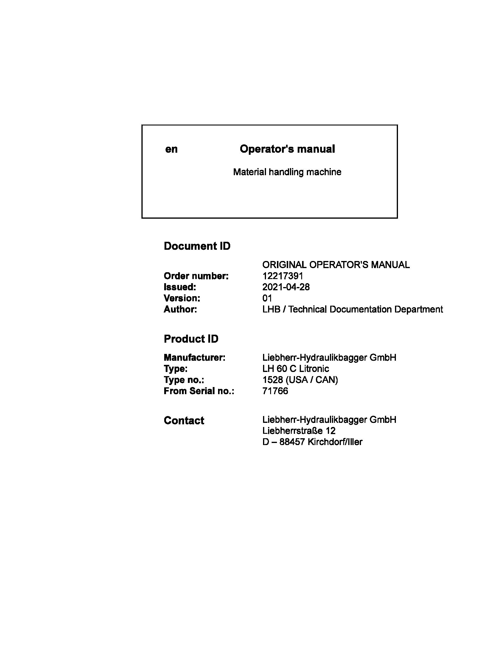 Liebherr Wheeled Excavator LH60C Litronic Operator Manual 12217391 2021 1
