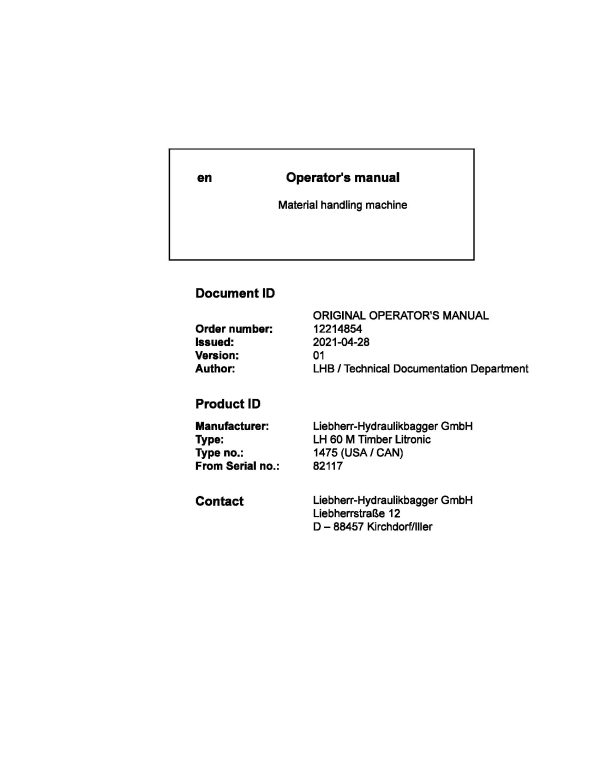 Liebherr Wheeled Excavator LH60M Timber Litronic Operator Manual 12214854 2021 1
