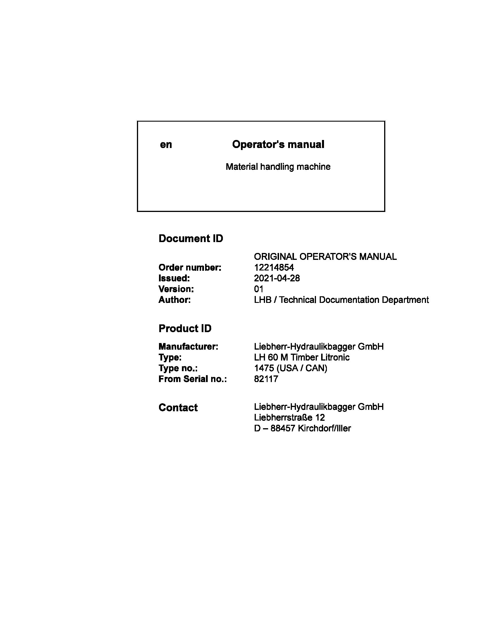 Liebherr Wheeled Excavator LH60M Timber Litronic Operator Manual 12214854 2021 1