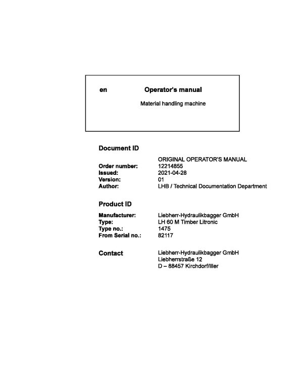 Liebherr Wheeled Excavator LH60M Timber Litronic Operator Manual 12214855 2021 1