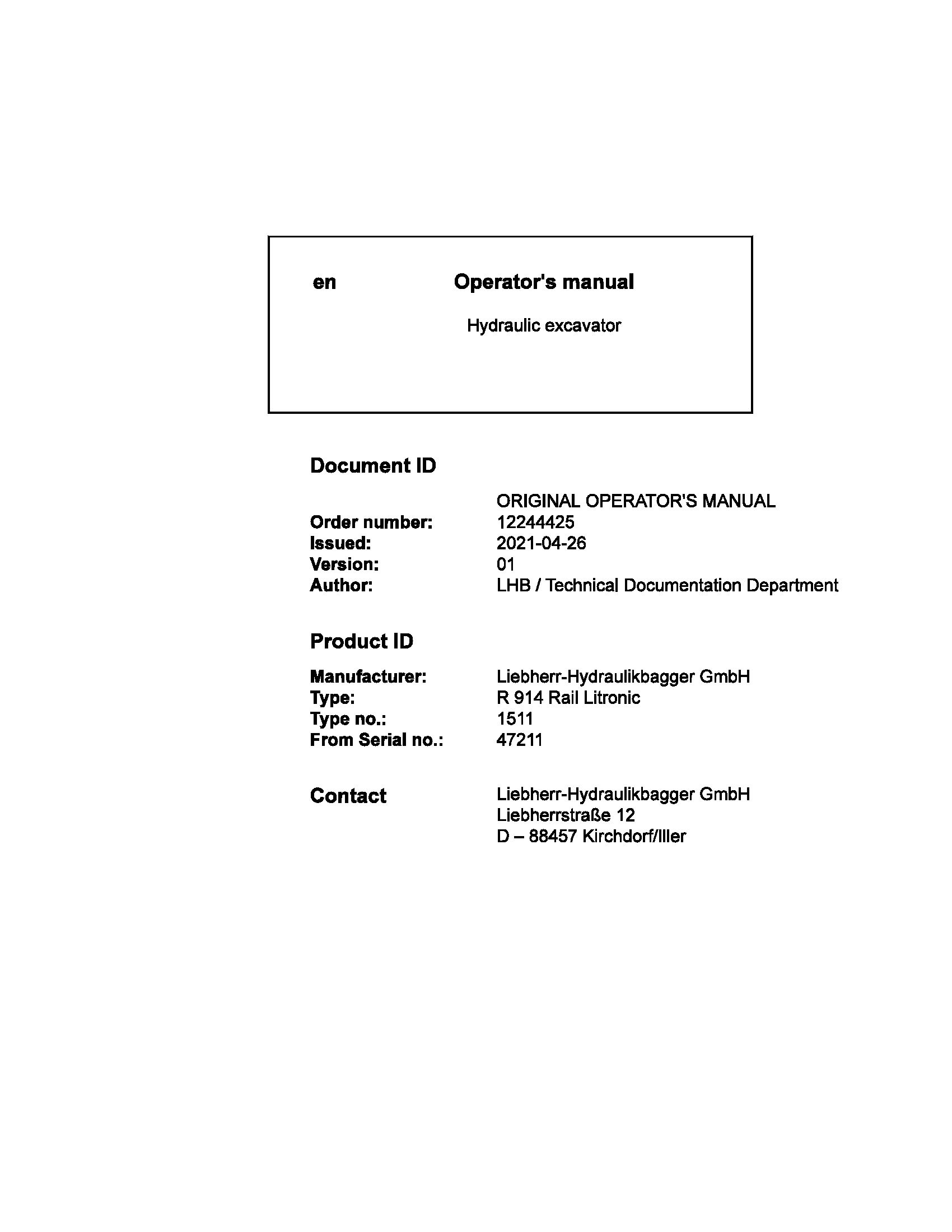Liebherr Wheeled Excavator R914 Rail Litronic Operator Manual 12244425 2021 1