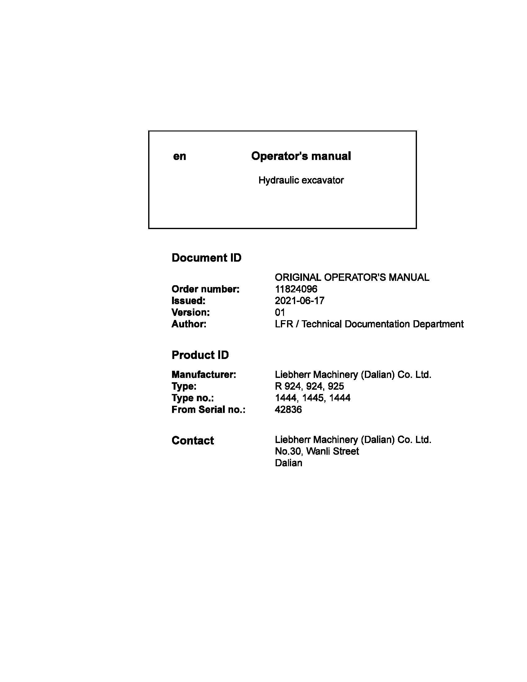 Liebherr Wheeled Excavator R924 R925 Operator Manual 11824096 2021 1