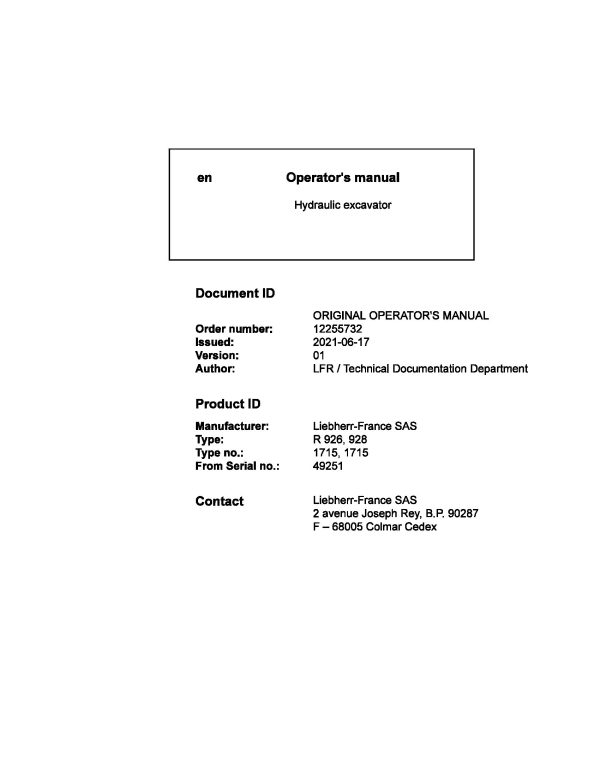 Liebherr Wheeled Excavator R926 R928 Operator Manual 12255732 2021 1