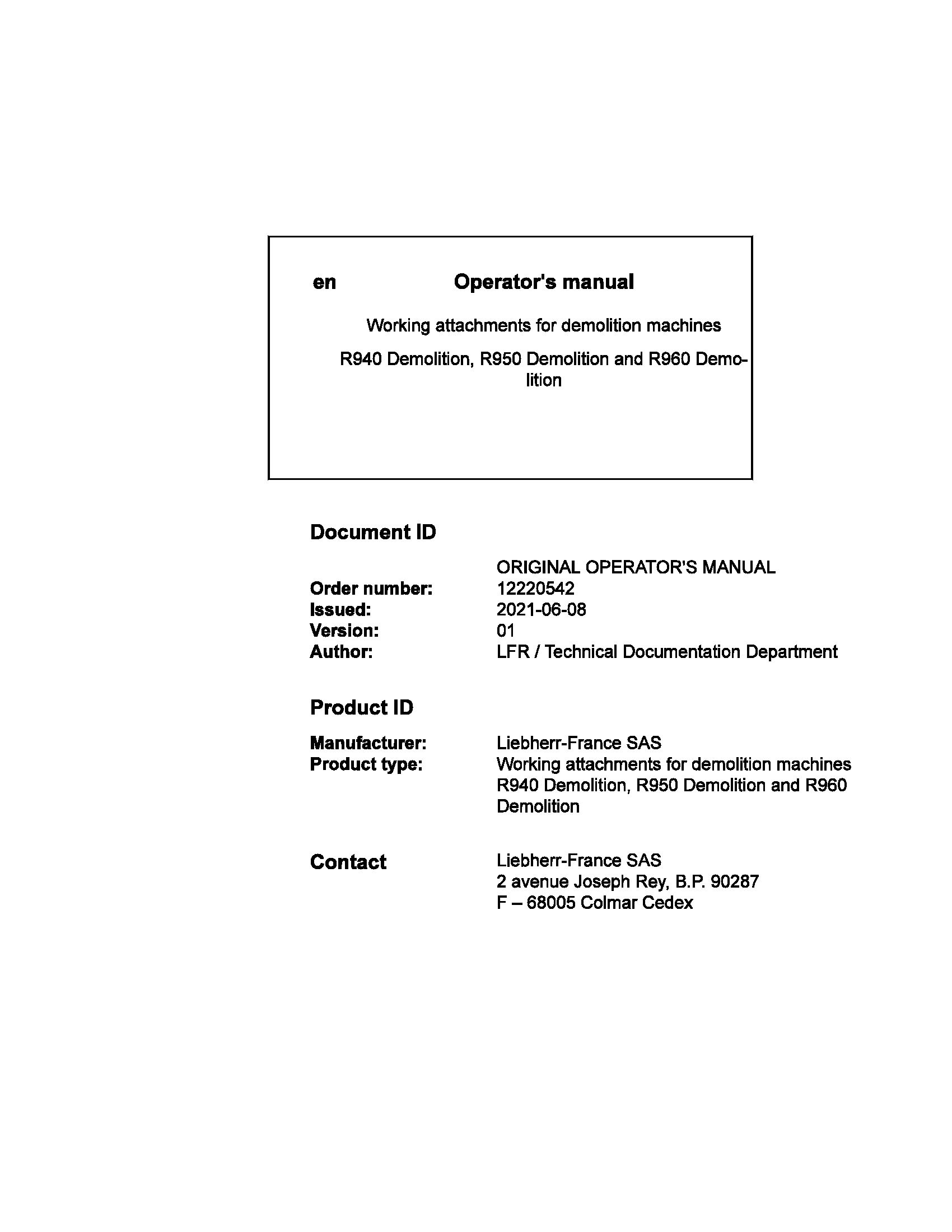 Liebherr Wheeled Excavator R940 R950 R960 Demolition Operator Manual 12220542 2021 1