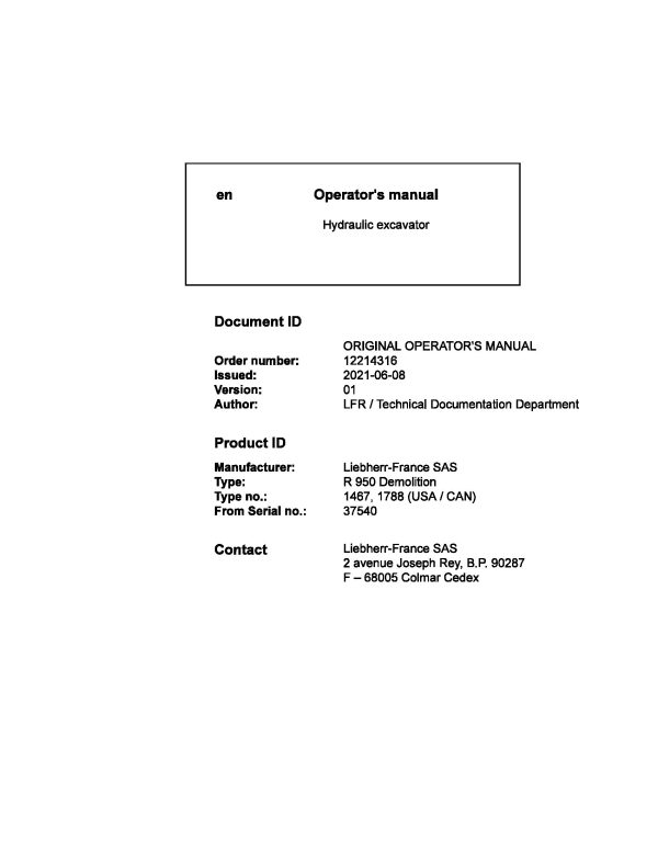Liebherr Wheeled Excavator R950 Demolition Operator Manual 12214316 2021 1
