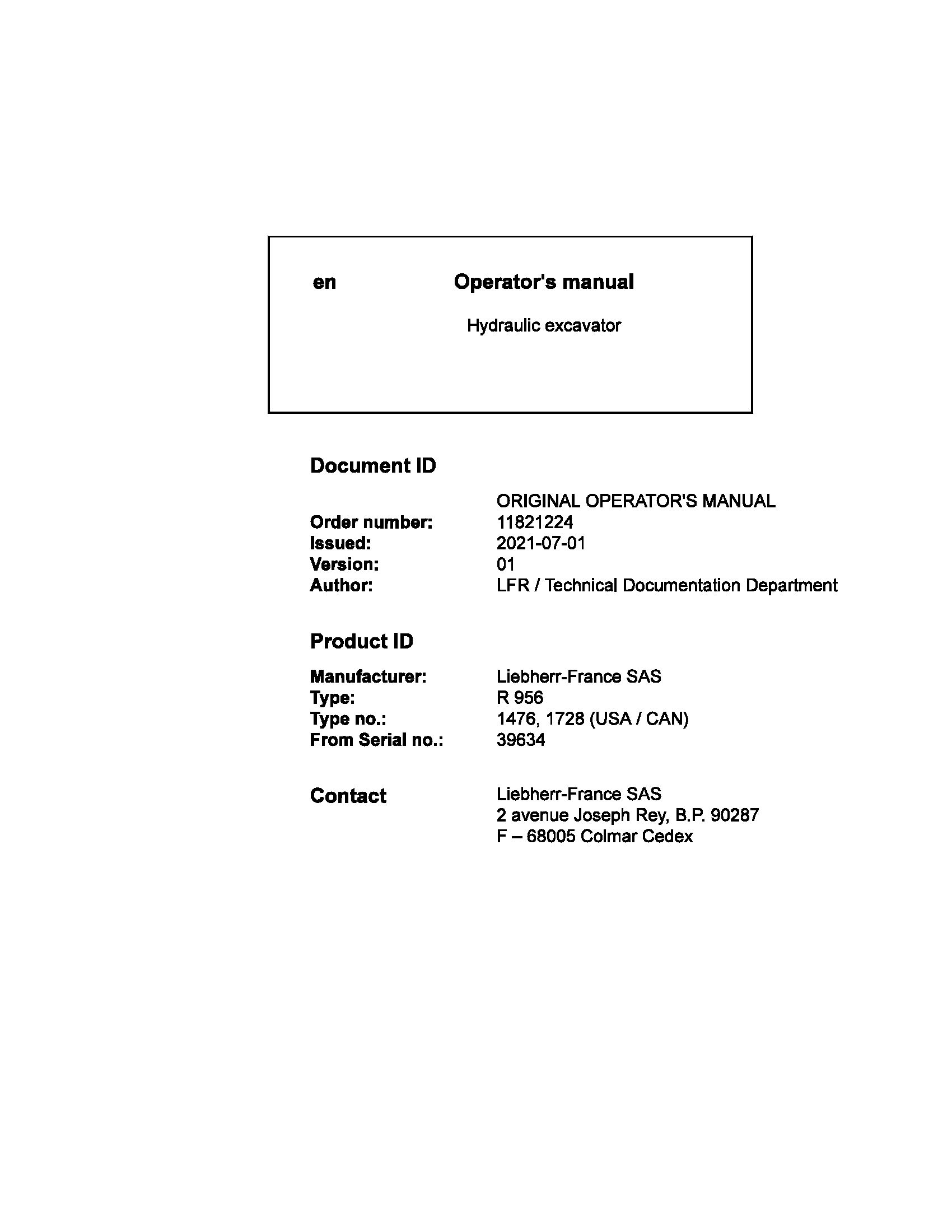 Liebherr Wheeled Excavator R956 USA CAN Operator Manual 11821224 2021 1