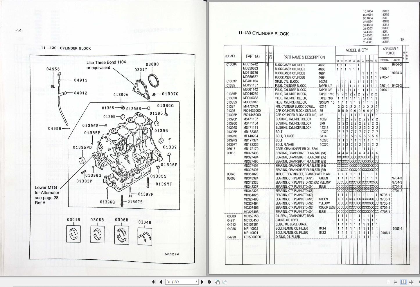 Mitsubishi Engine 4G63 4G64 Parts Catalog 9871640030
