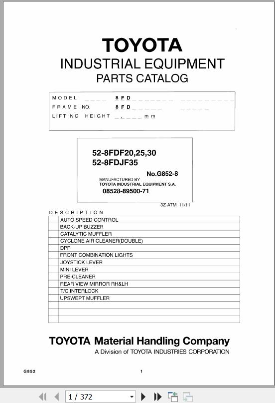 Toyota Forklift 52 8FDF20 52 8FDF25 52 8FDF30 52 8FDJF35 Parts Catalog G852 8 1