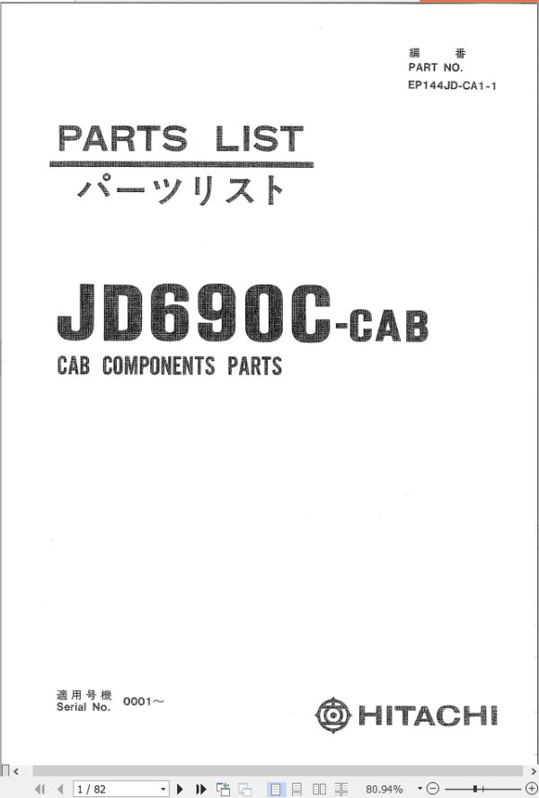 001 Hitachi Hydraulic Excavator JD690C CAB Cab Components Parts List EP144JD CA1 1 EN JP
