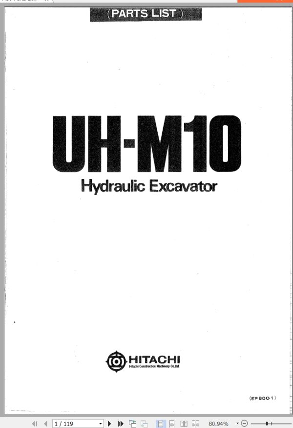 003 Hitachi Hydraulic Excavator UH M10 Parts List EP800 1 EN JP