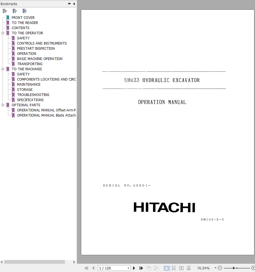 015 Hitachi Hydraulic Excavator UH033 Operation Manual EM104 2 3