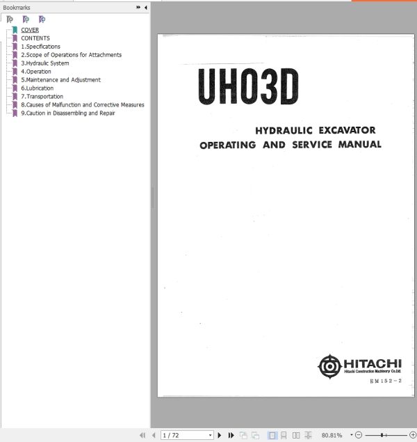 021 Hitachi Hydraulic Excavator UH03D Operating Service Manual