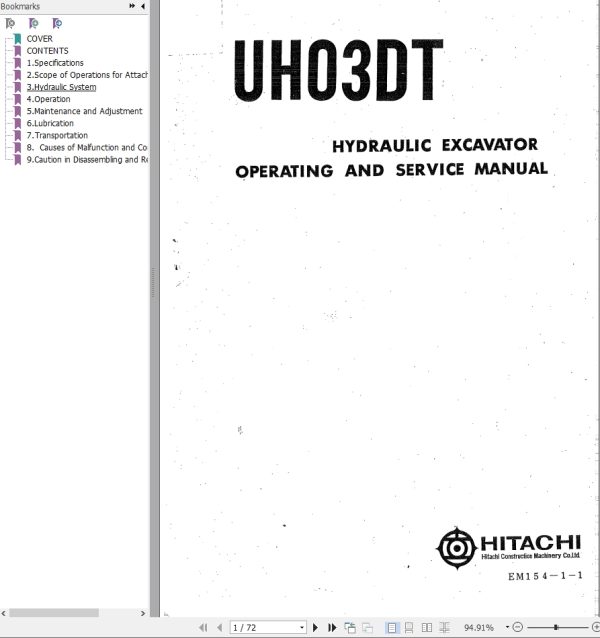 022 Hitachi Hydraulic Excavator UH03DT Operating Service Manual EM154 1 1