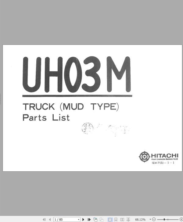 023 Hitachi Hydraulic Excavator UH03M Parts List P151 1 1 EN JP