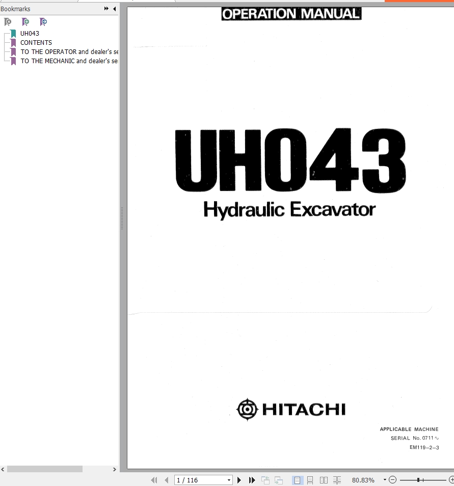 030 Hitachi Hydraulic Excavator UH043 Operation Manual EM119 2 3