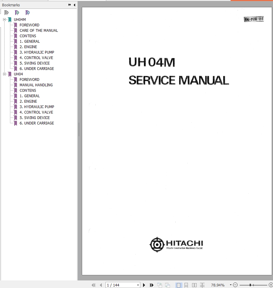036 Hitachi Hydraulic Excavator UH04M Service Manual KM 028 00