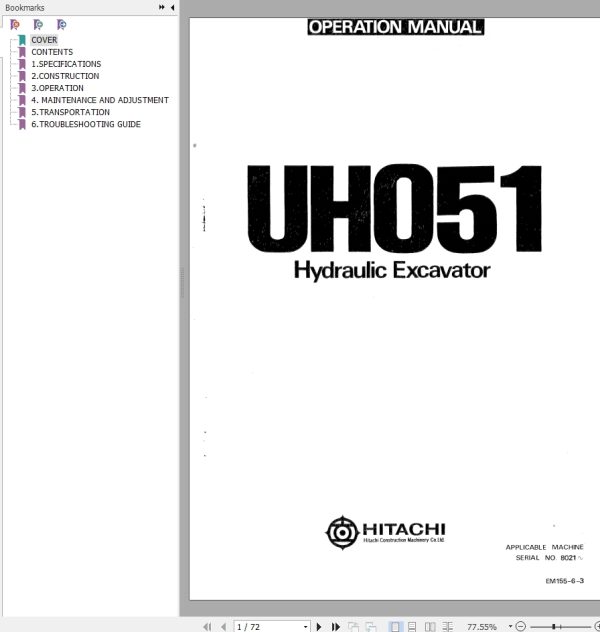 041 Hitachi Hydraulic Excavator UH051 Operation Manual EM155 6 3