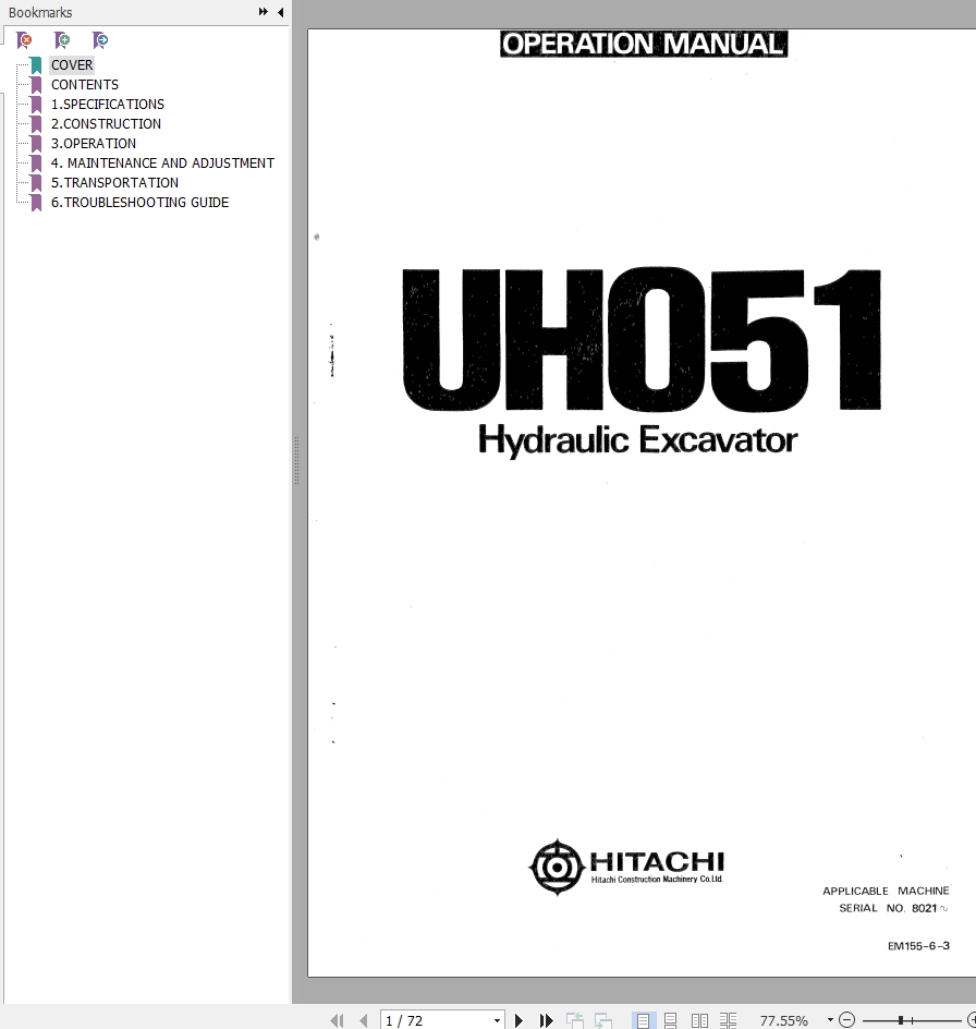 041 Hitachi Hydraulic Excavator UH051 Operation Manual EM155 6 3