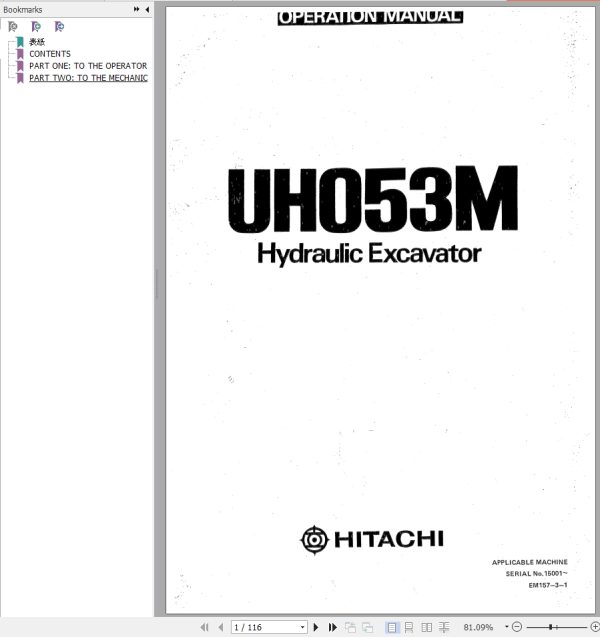 047 Hitachi Hydraulic Excavator UH053M Operation Manual EM157 3 1