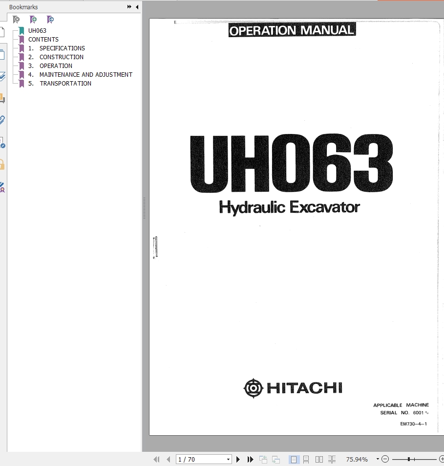 058 Hitachi Hydraulic Excavator UH063 Operation Manual EM730 4 1