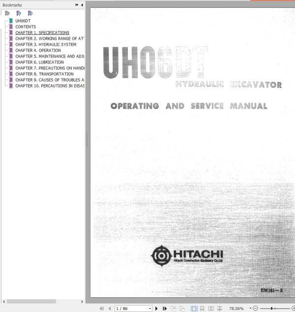 063 Hitachi Hydraulic Excavator UH06DT Operating Service Manual EM161 2 1 1