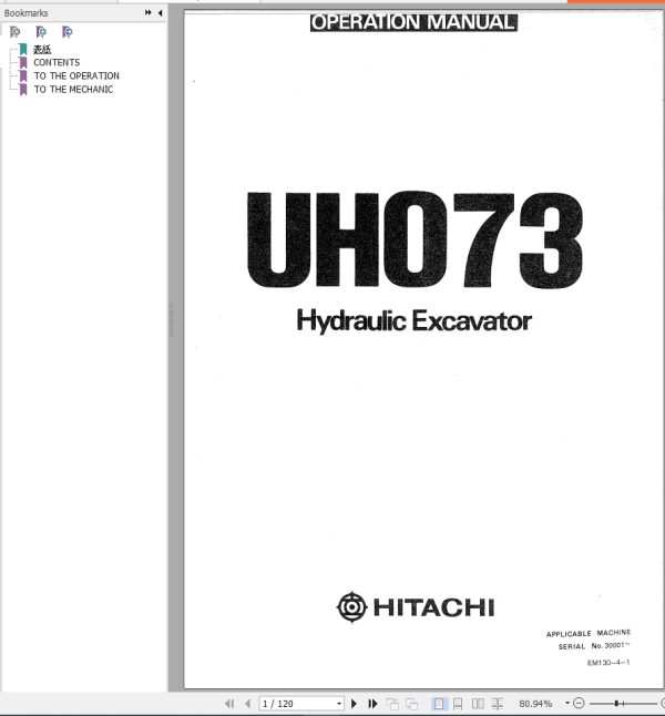 079 Hitachi Hydraulic Excavator UH073 Operation Manual EM130 4 1