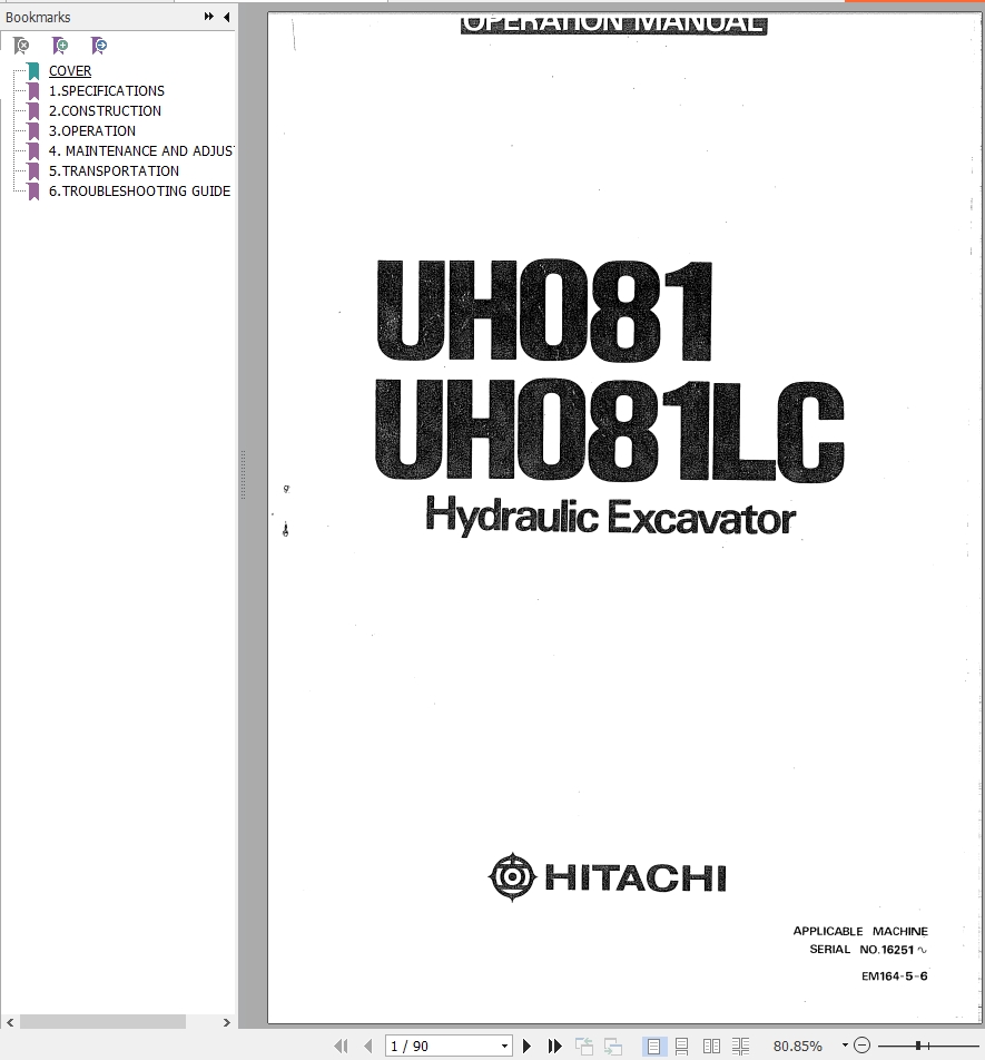087 Hitachi Hydraulic Excavator UH081LC Operation Manual EM164 5 6