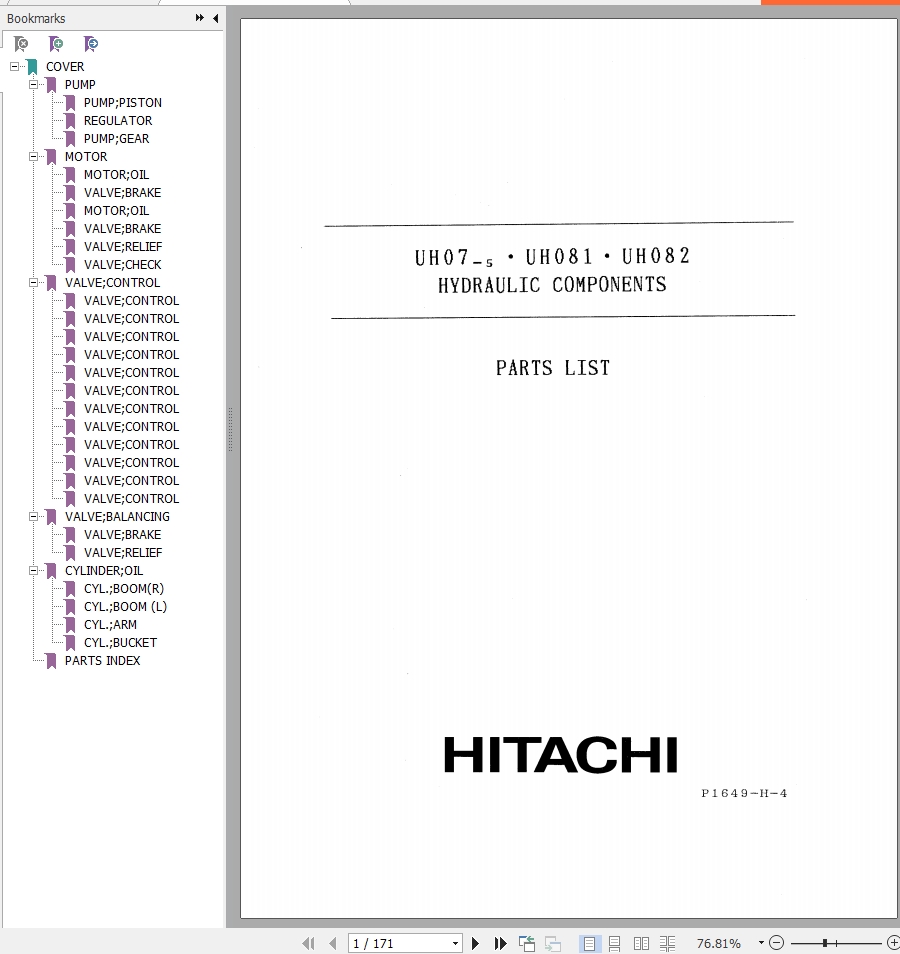 088 Hitachi Hydraulic Excavator UH082 Hydraulic Components Parts List P1649 H 4 EN JP