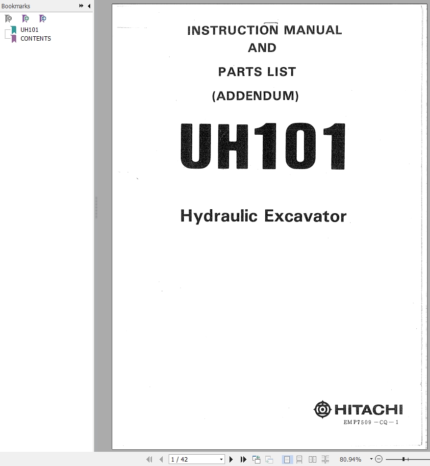 104 Hitachi Hydraulic Excavator UH101 Instruction Manual Parts List EMP7509 CQ 1