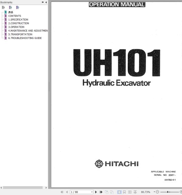 105 Hitachi Hydraulic Excavator UH101 Operation Manual EM750 4 1