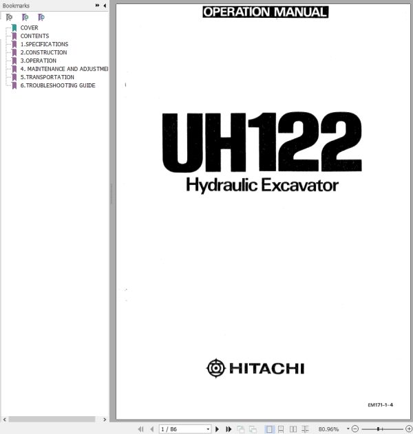 121 Hitachi Hydraulic Excavator UH122 Operation Manual EM171 1 4