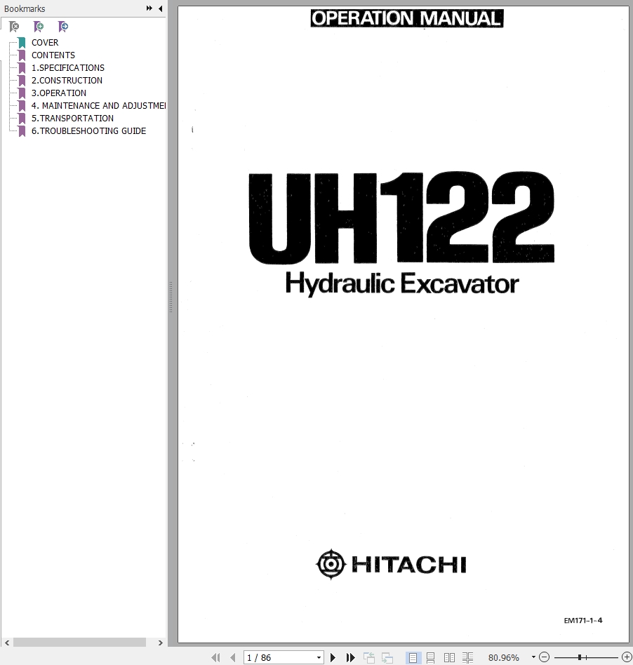 121 Hitachi Hydraulic Excavator UH122 Operation Manual EM171 1 4
