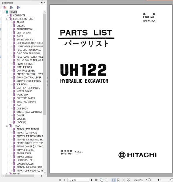 122 Hitachi Hydraulic Excavator UH122 Parts List EP171 2 3 EN JP