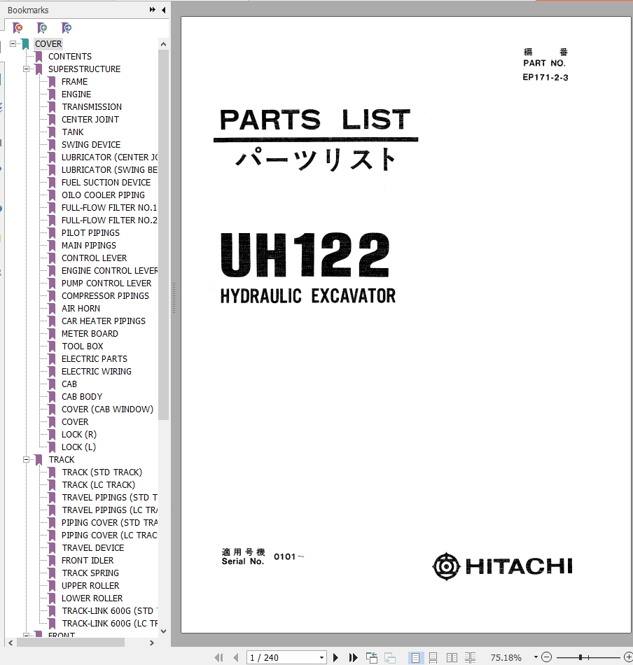 122 Hitachi Hydraulic Excavator UH122 Parts List EP171 2 3 EN JP