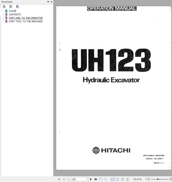 124 Hitachi Hydraulic Excavator UH123 Operation Manual EM156 1 1