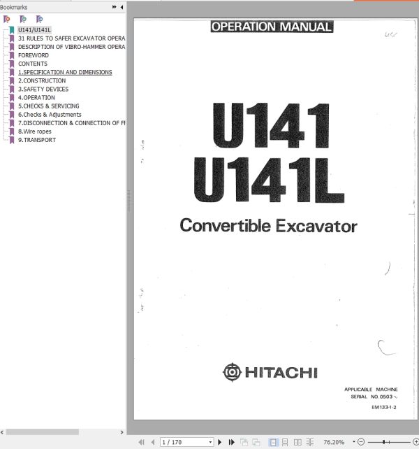 132 Hitachi Hydraulic Excavator UH141 Operation Manual EM133 1 2