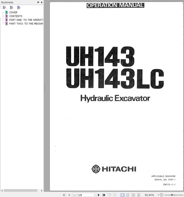 135 Hitachi Hydraulic Excavator UH143 Operation Manual EM172 1 1