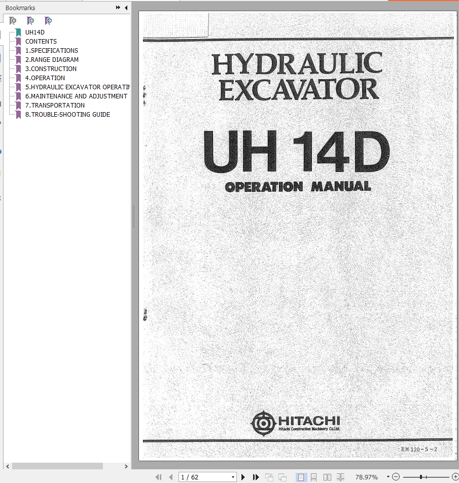 140 Hitachi Hydraulic Excavator UH14D Operation Manual EM120 5 2