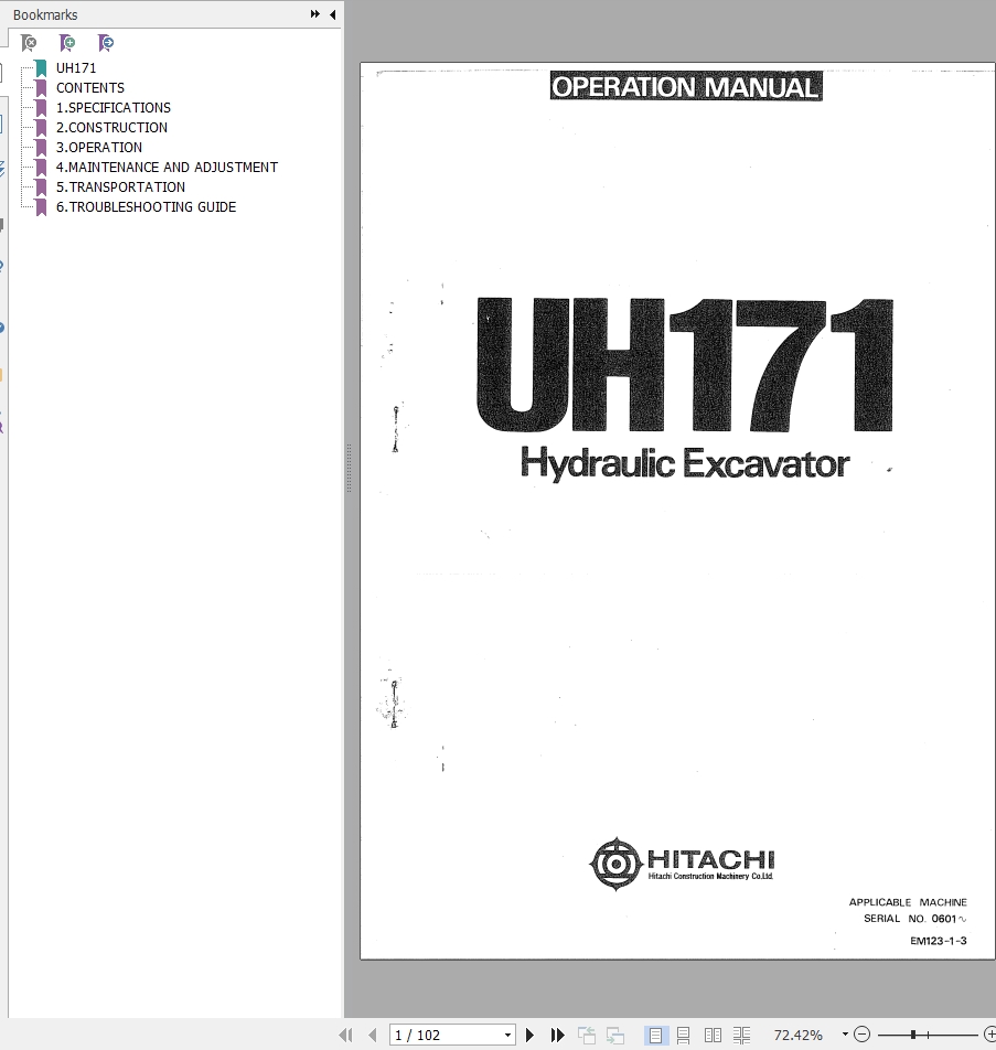 146 Hitachi Hydraulic Excavator UH171 Operation Manual EM123 1 3